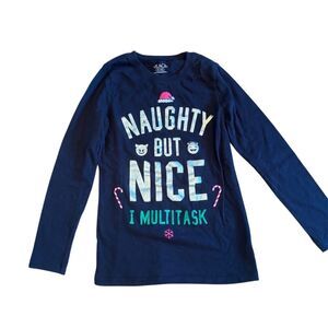 Children's Place Kids Long Sleeve Santa T-Shirt Blue Size 7-8 Holiday